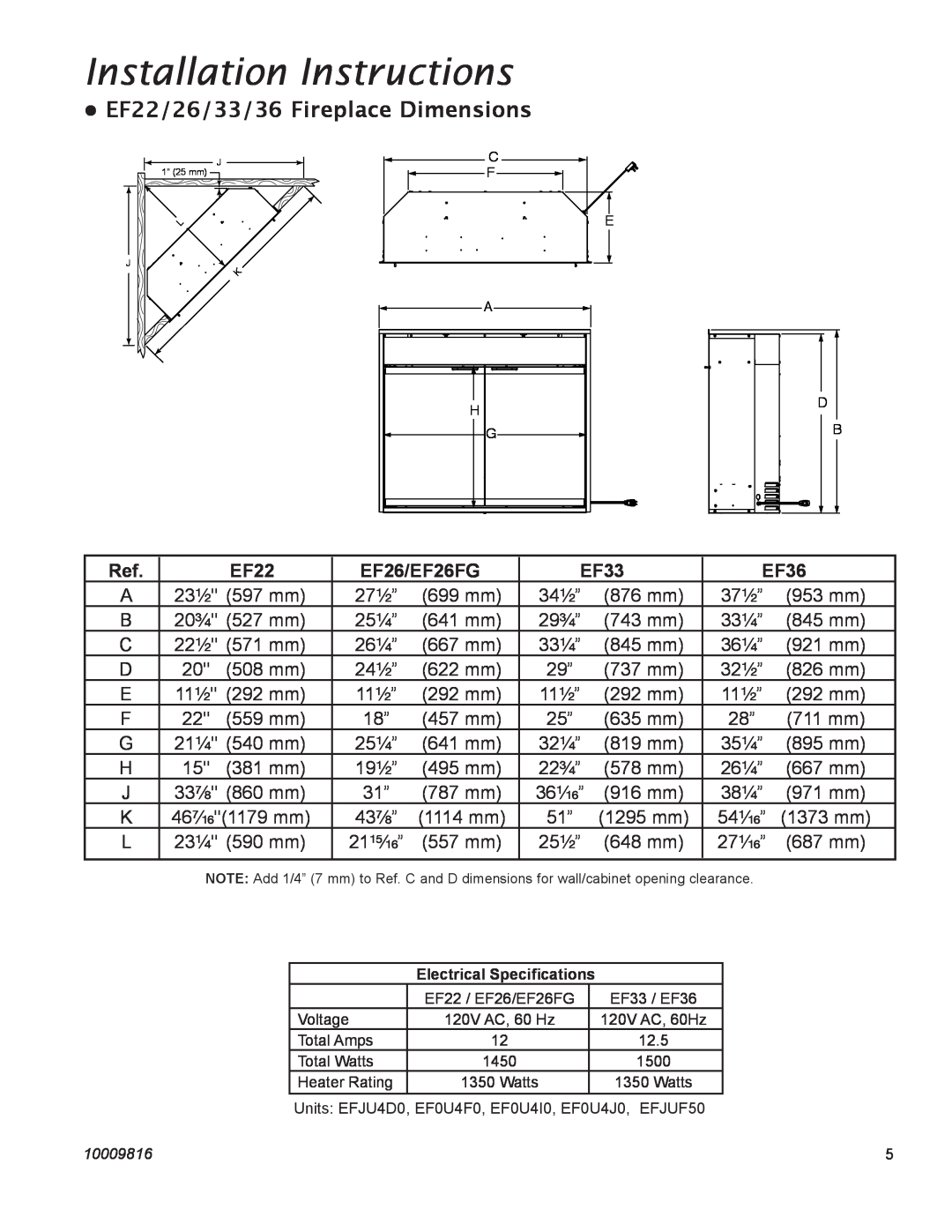 CFM Corporation EF36, EF26FG, EF33 manual Installation Instructions, EF22/26/33/36 Fireplace Dimensions 