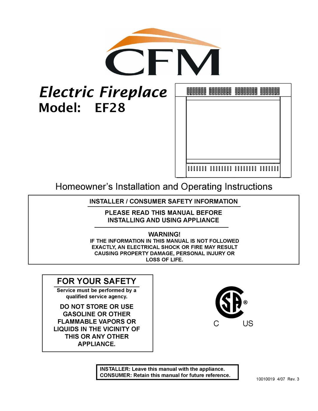 CFM Corporation EF28 manual Electric Fireplace, Service must be performed by a Qualified service agency 