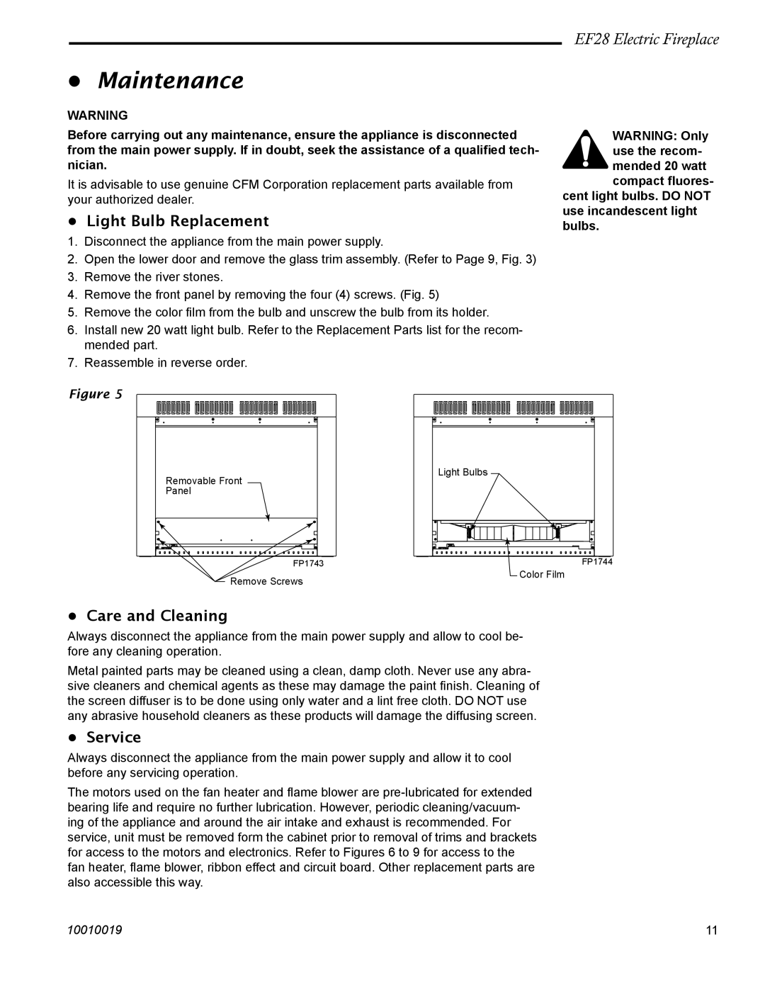 CFM Corporation EF28 manual Light Bulb Replacement, Care and Cleaning, Service 