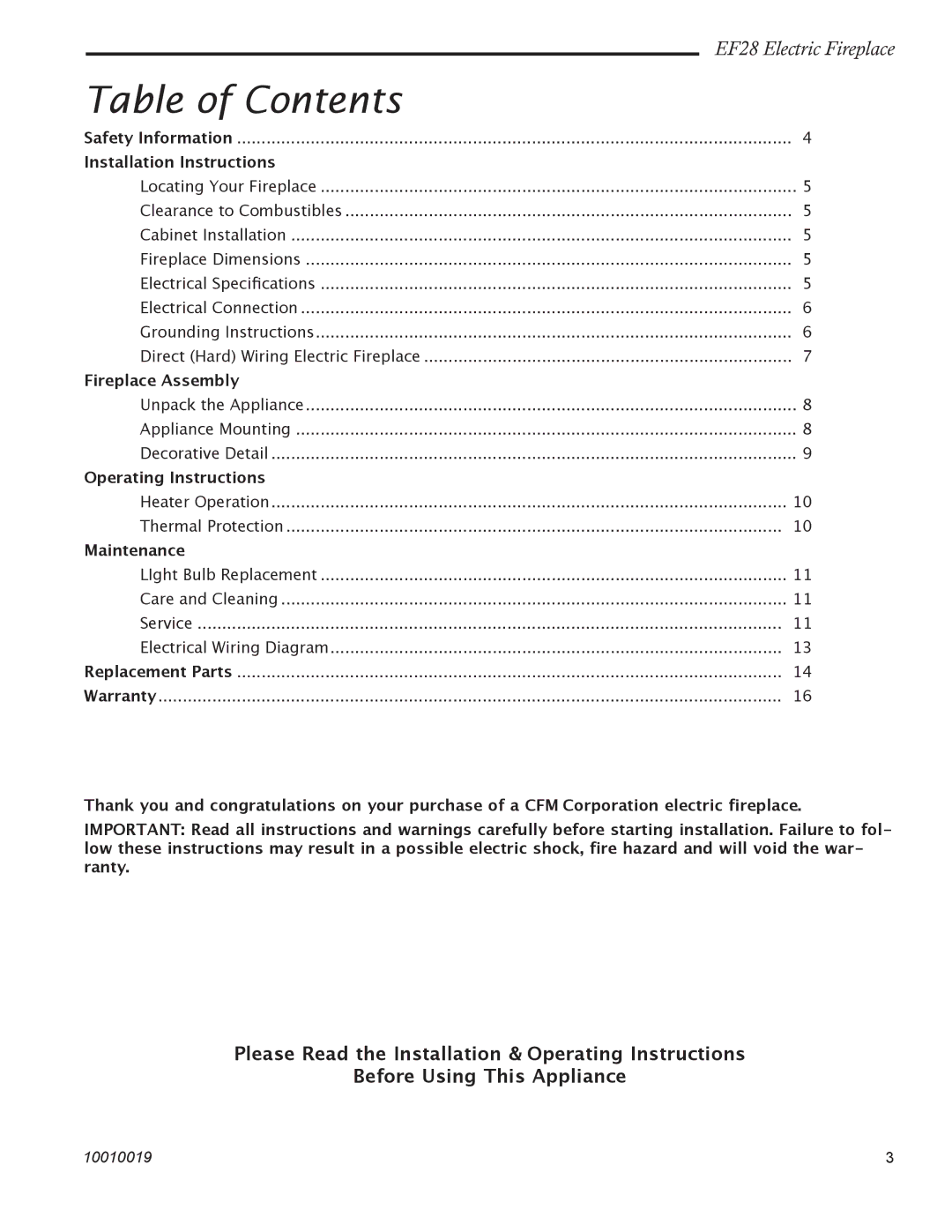 CFM Corporation EF28 manual Table of Contents 