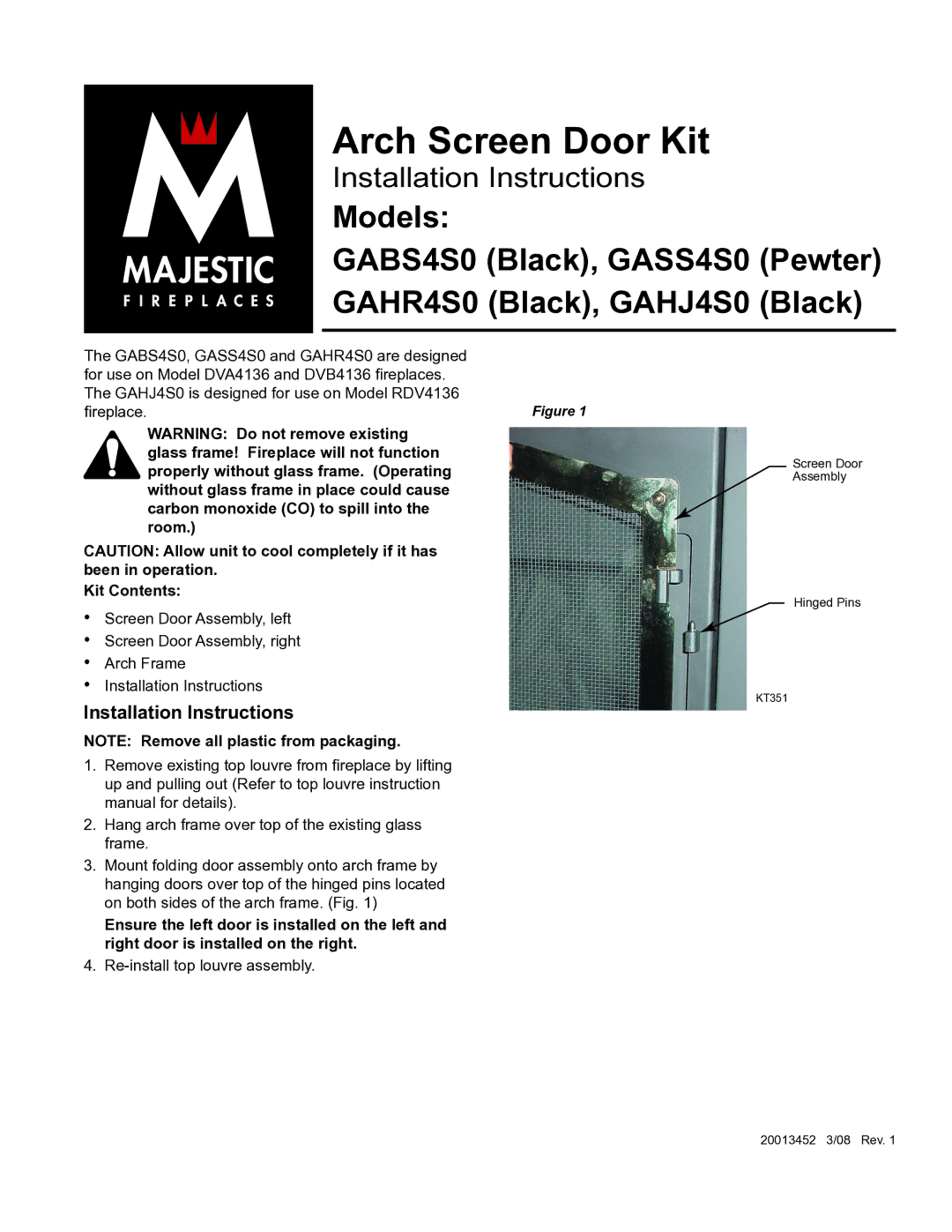 CFM Corporation GAHJ4S0, GASS4S0, GAHR4S0, GABS4S0 installation instructions Arch Screen Door Kit, Installation Instructions 