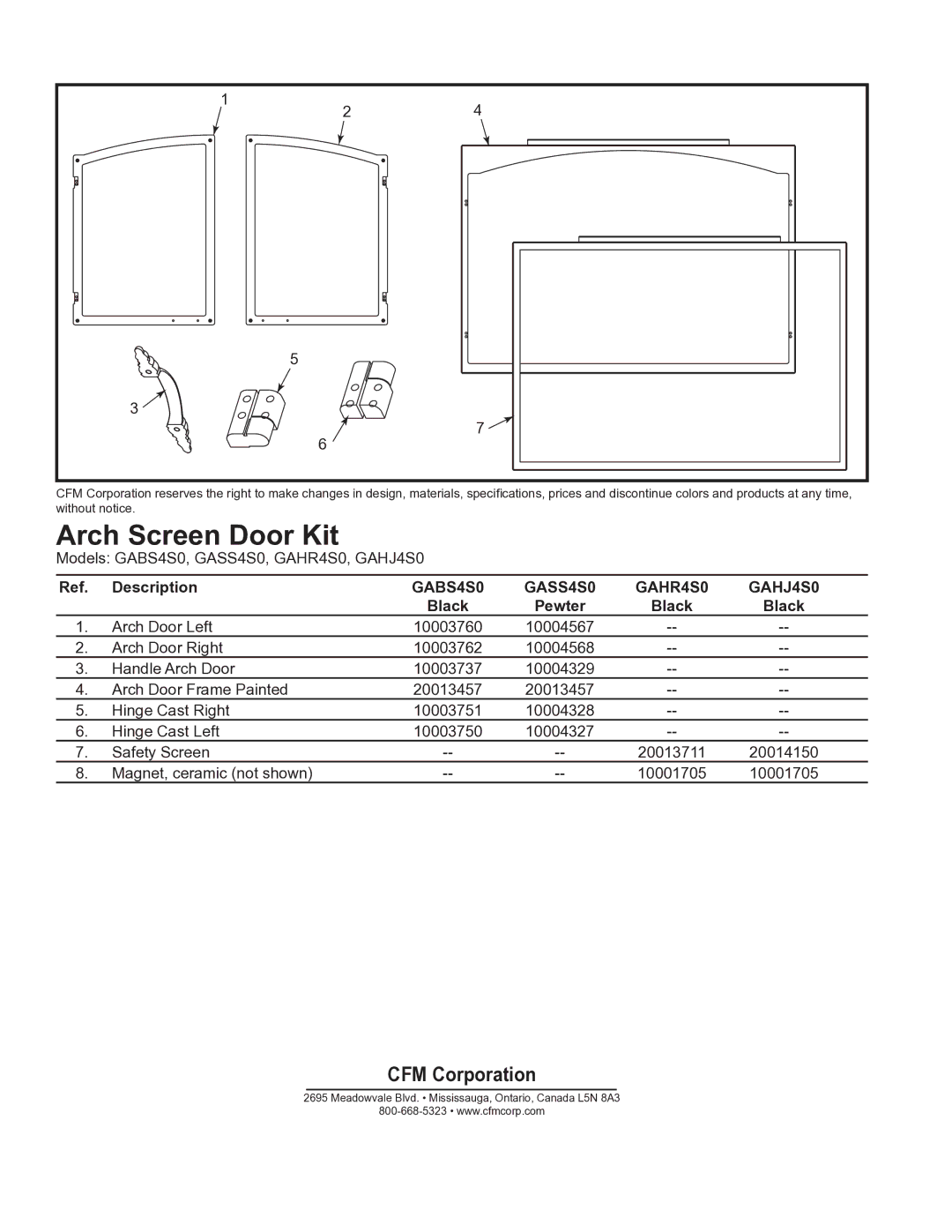 CFM Corporation Arch Screen Door Kit, Models GABS4S0, GASS4S0, GAHR4S0, GAHJ4S0, Description, Black Pewter 