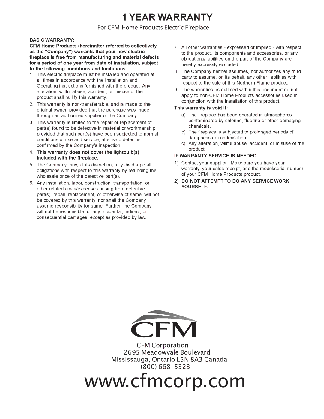 CFM Corporation HEF22 installation instructions Year Warranty 