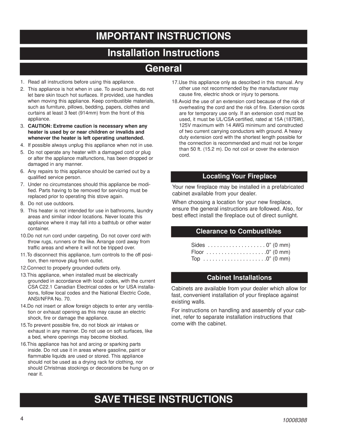 CFM Corporation HEF22 Installation Instructions General, Locating Your Fireplace, Clearance to Combustibles 