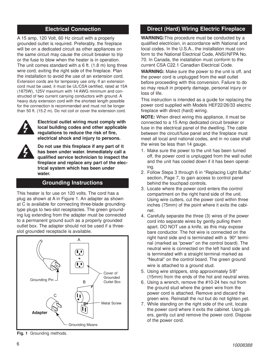 CFM Corporation HEF22 Electrical Connection, Grounding Instructions, Direct Hard Wiring Electric Fireplace 