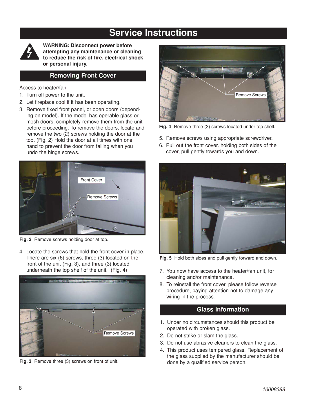 CFM Corporation HEF22 installation instructions Service Instructions, Removing Front Cover, Glass Information 