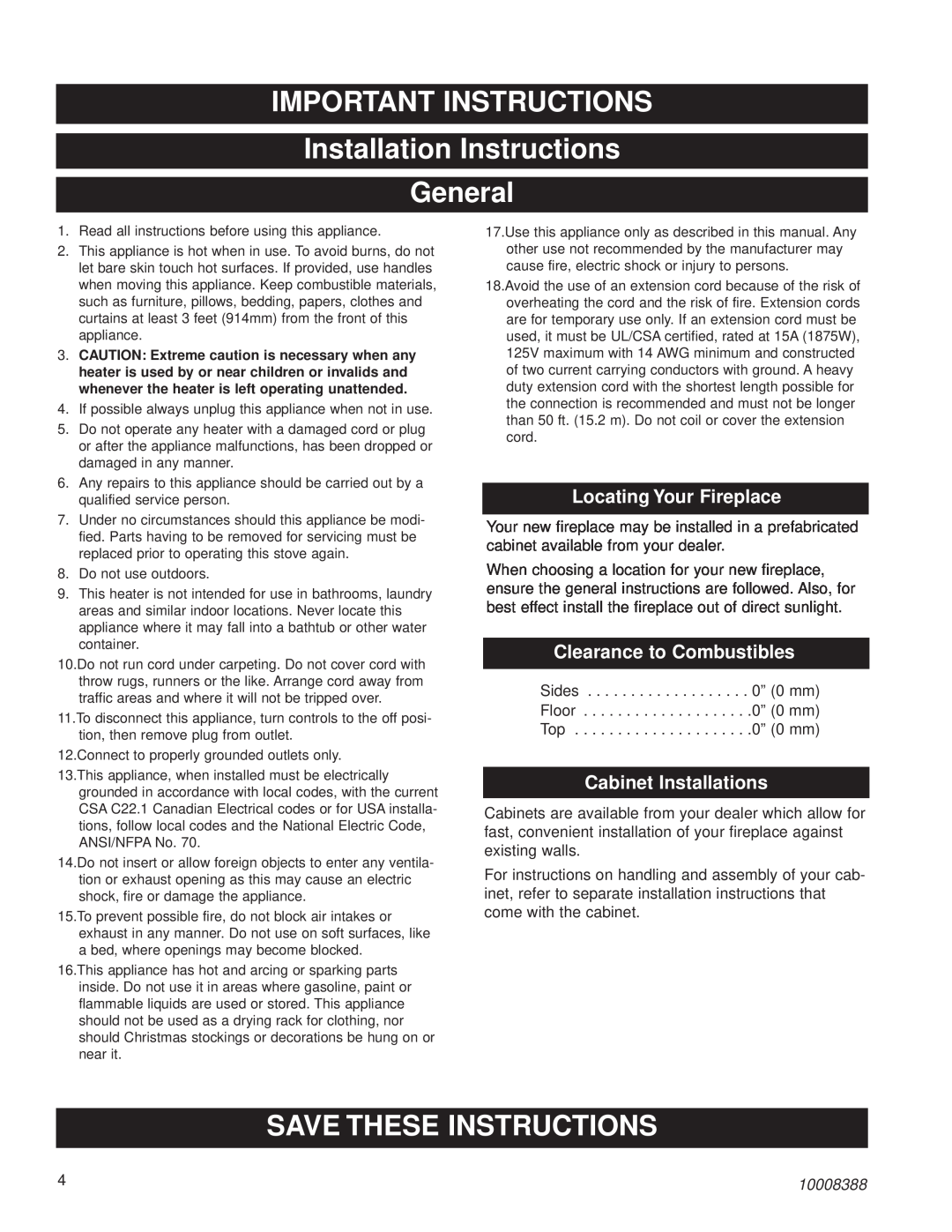 CFM Corporation HEF22 IMPORTANT INSTRUCTIONS Installation Instructions, General, Save These Instructions, 10008388 