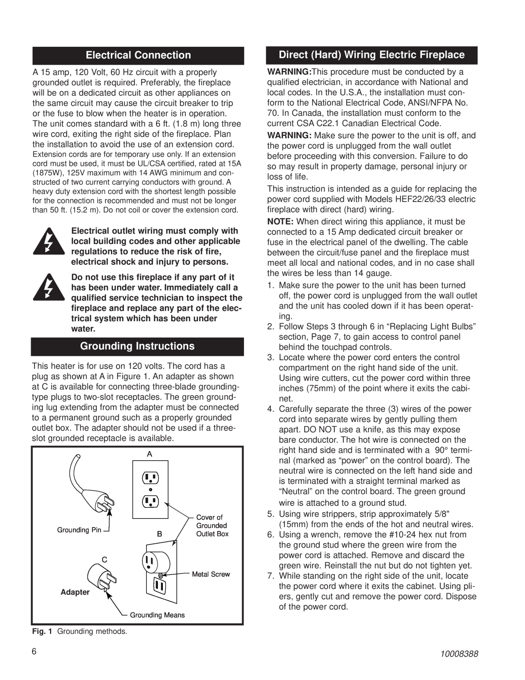 CFM Corporation HEF22 Electrical Connection, Grounding Instructions, Direct Hard Wiring Electric Fireplace, 10008388 