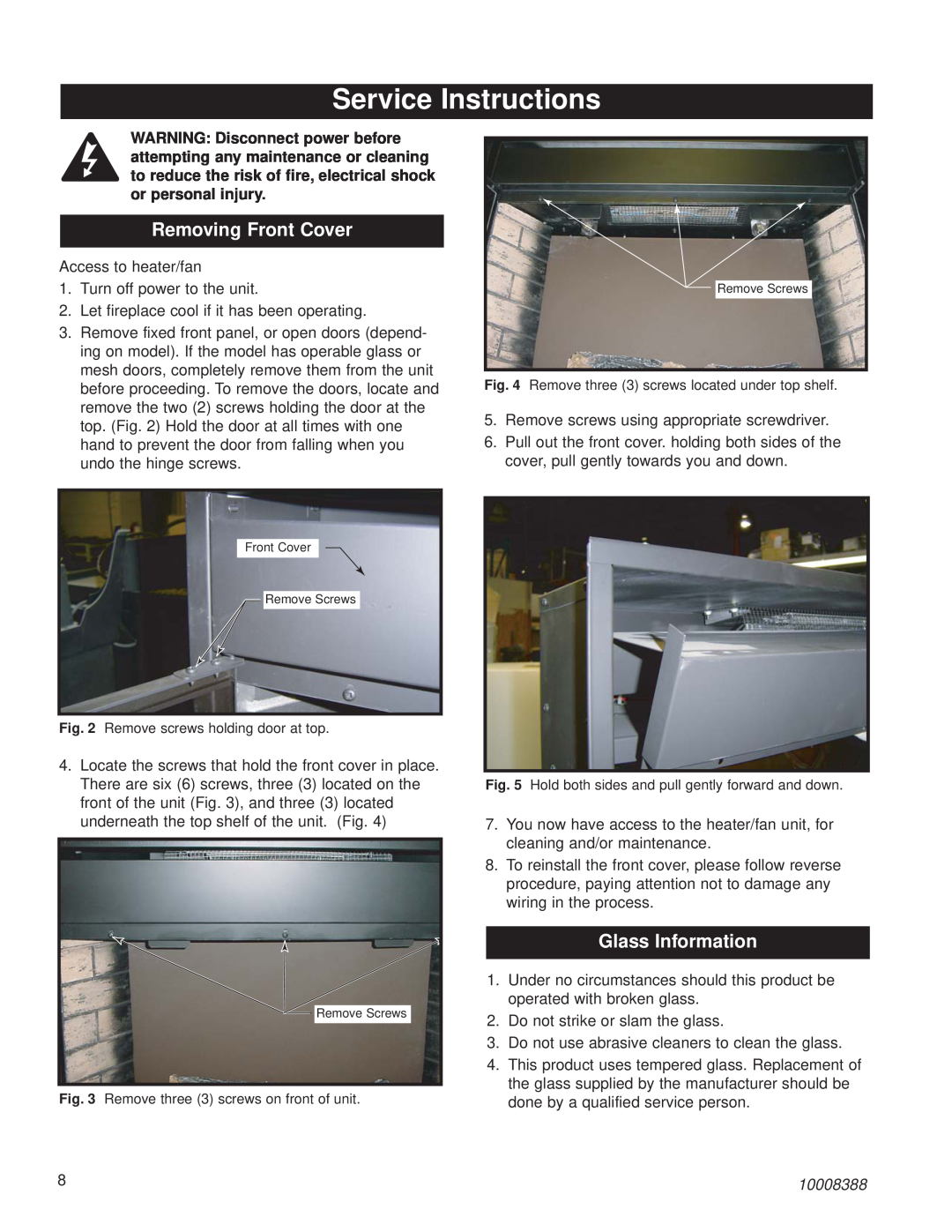 CFM Corporation HEF22 installation instructions Service Instructions, Removing Front Cover, Glass Information, 10008388 