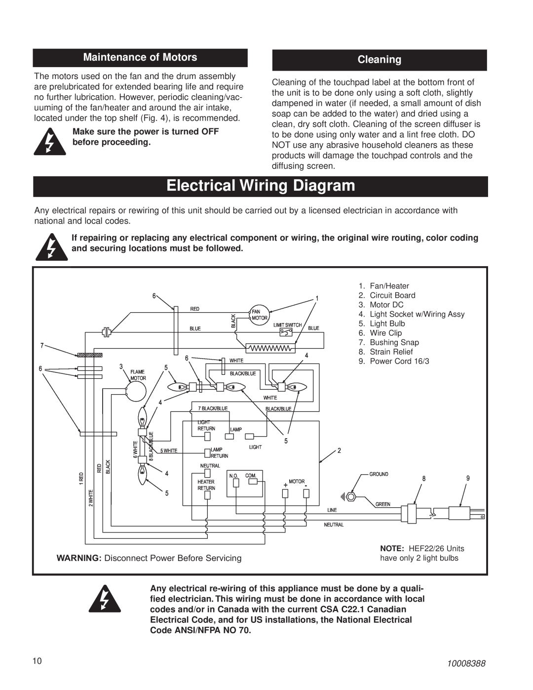 CFM Corporation HEF22 installation instructions Electrical Wiring Diagram, Maintenance of Motors, Cleaning, 10008388 