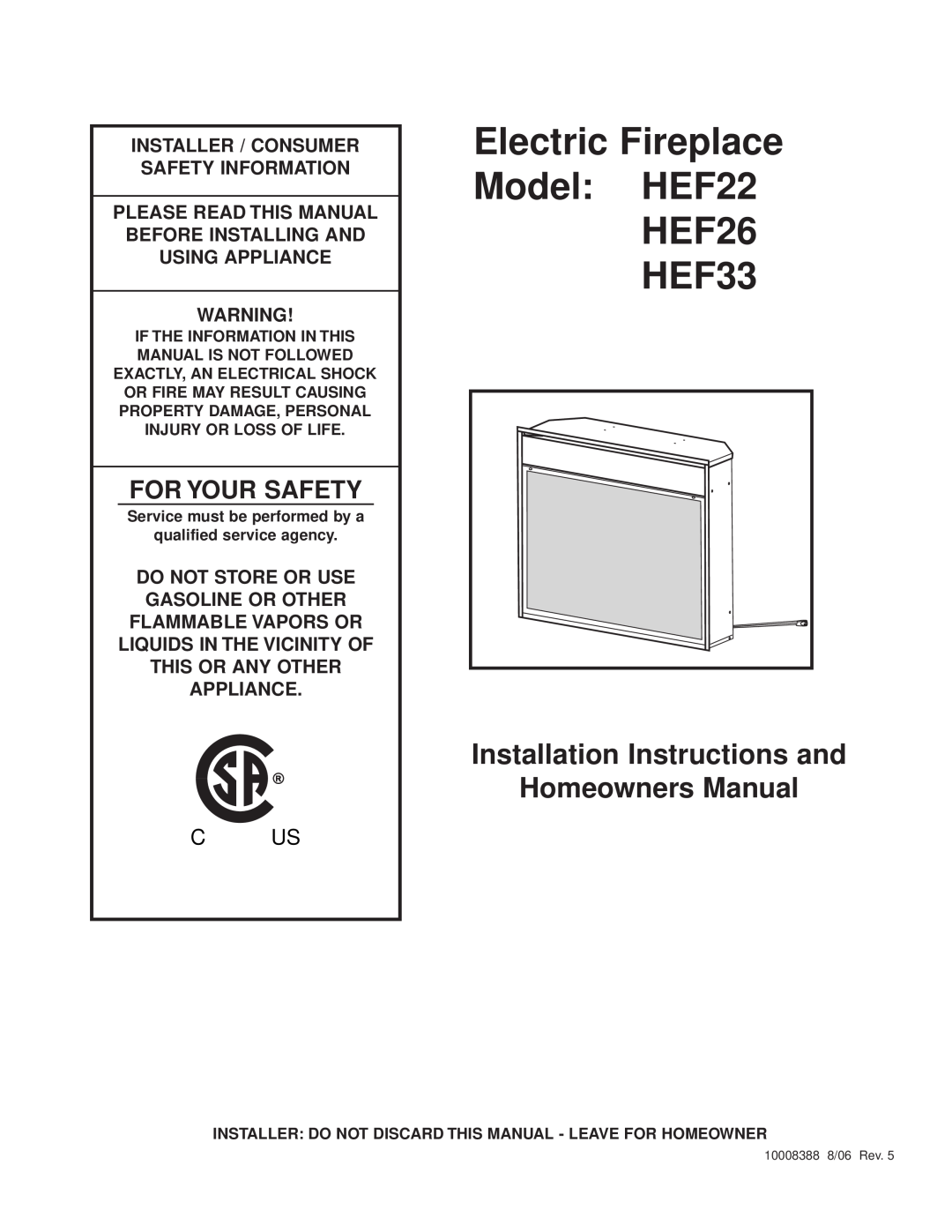 CFM Corporation installation instructions Electric Fireplace Model HEF22 HEF26 HEF33, Safety Information, Appliance 