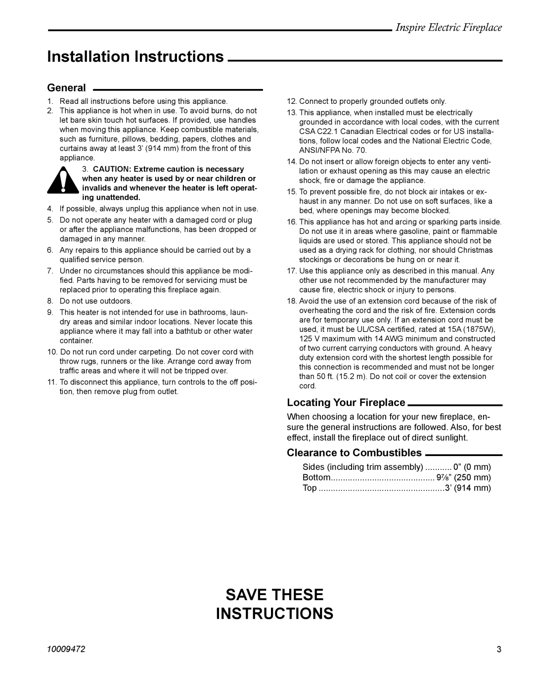 CFM Corporation ICVCEFP01 manual Installation Instructions, General, Locating Your Fireplace, Clearance to Combustibles 