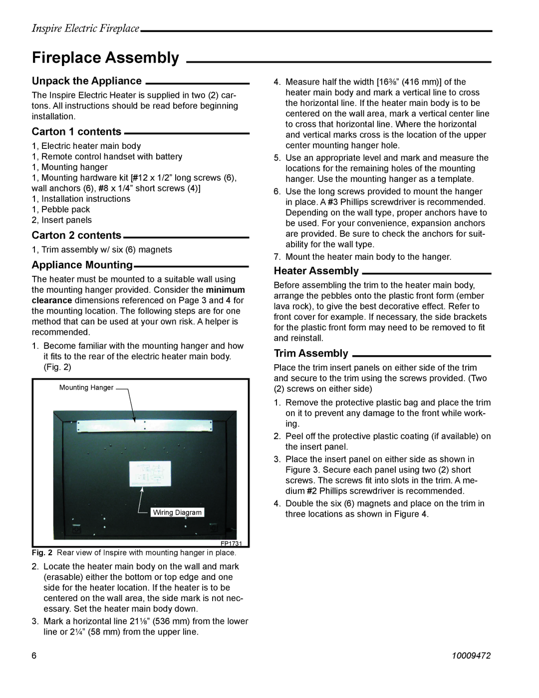 CFM Corporation ICVCEFP01 manual Fireplace Assembly 