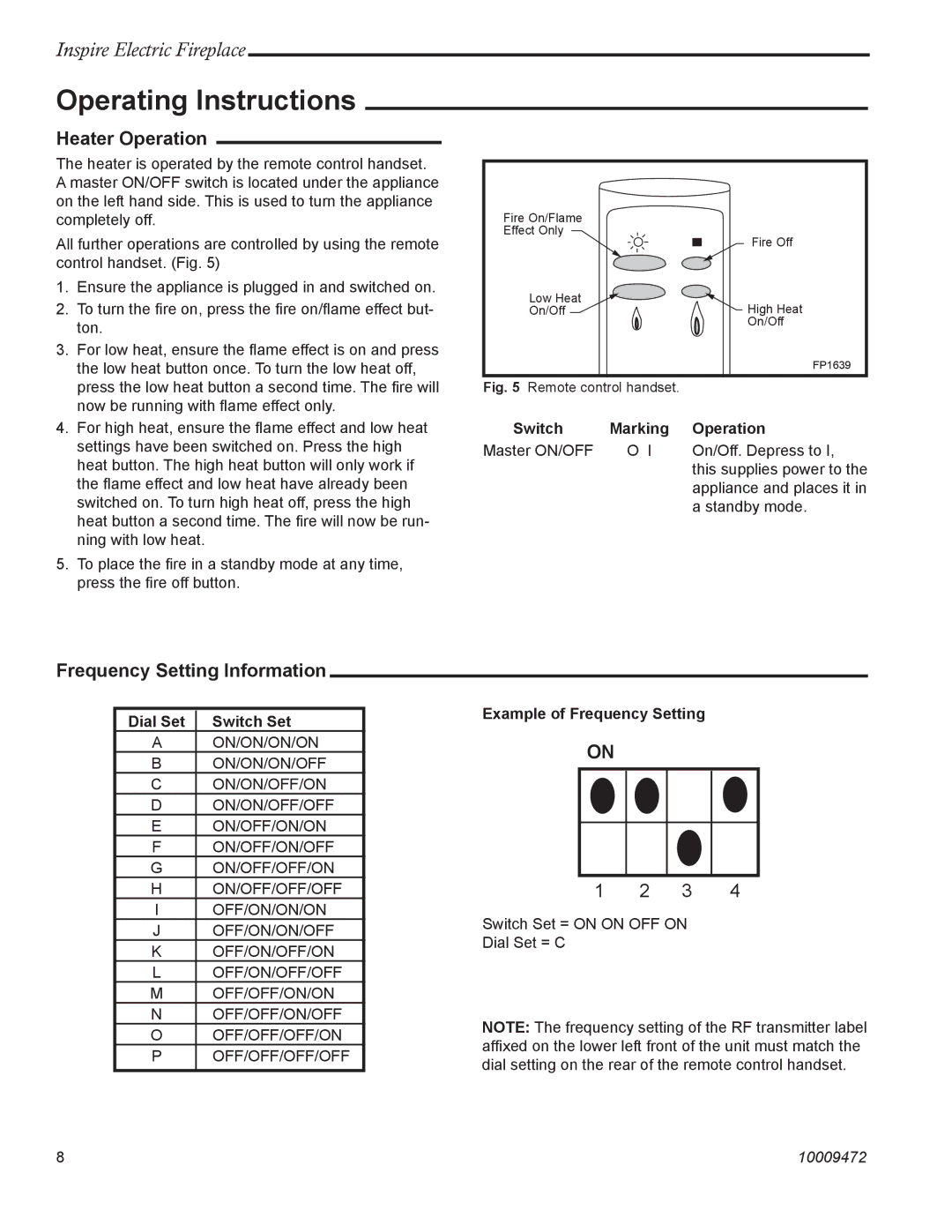 CFM Corporation ICVCEFP01 manual Operating Instructions, Heater Operation, Frequency Setting Information 