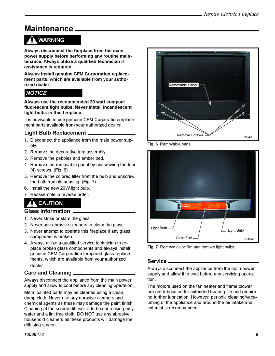 CFM Corporation ICVCEFP01 manual Maintenance, Light Bulb Replacement, Glass Information, Care and Cleaning, Service 