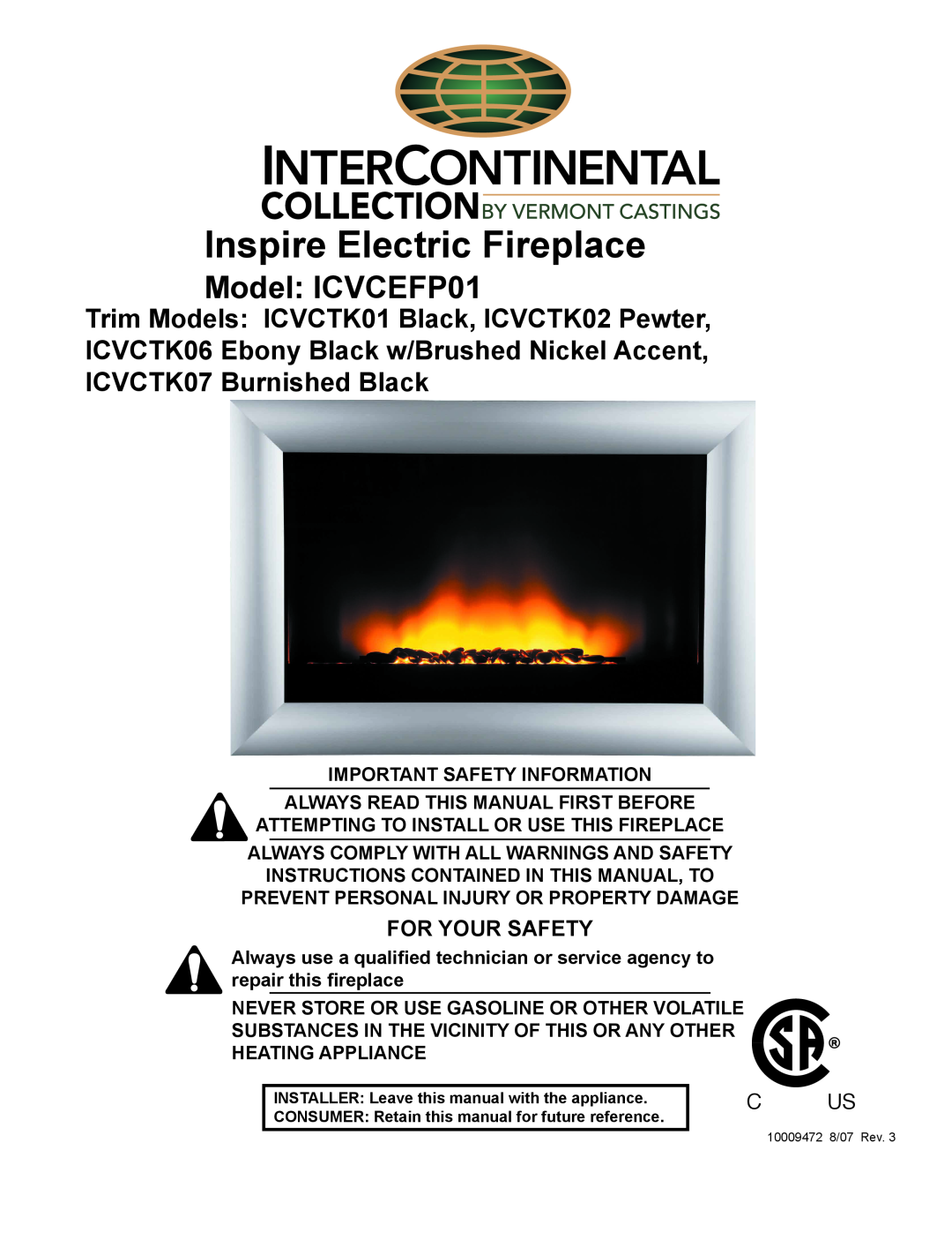 CFM Corporation manual Inspire Electric Fireplace, Model ICVCEFP01, For Your Safety 