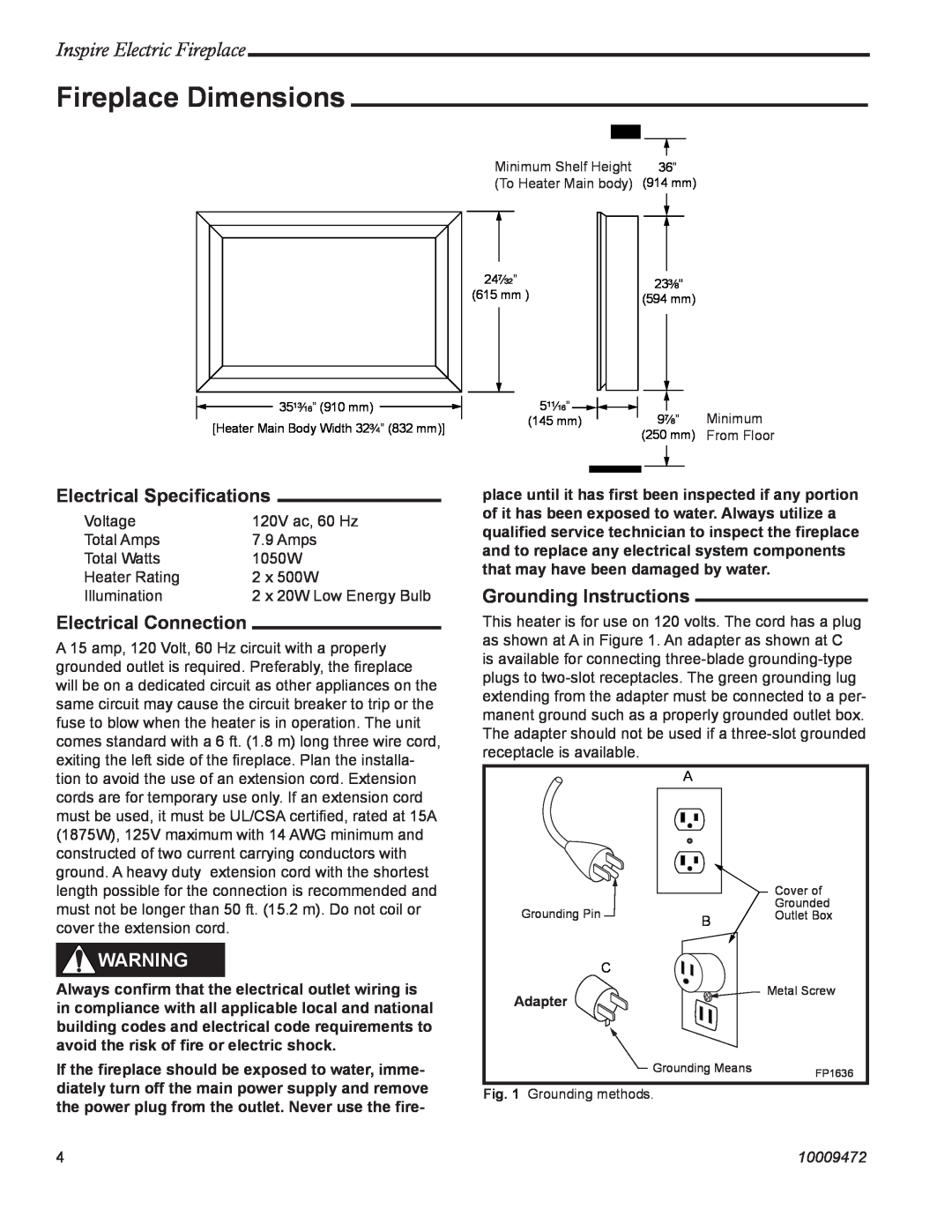 CFM Corporation ICVCEFP01 manual Fireplace Dimensions, Inspire Electric Fireplace, Electrical Speciﬁcations, 10009472 