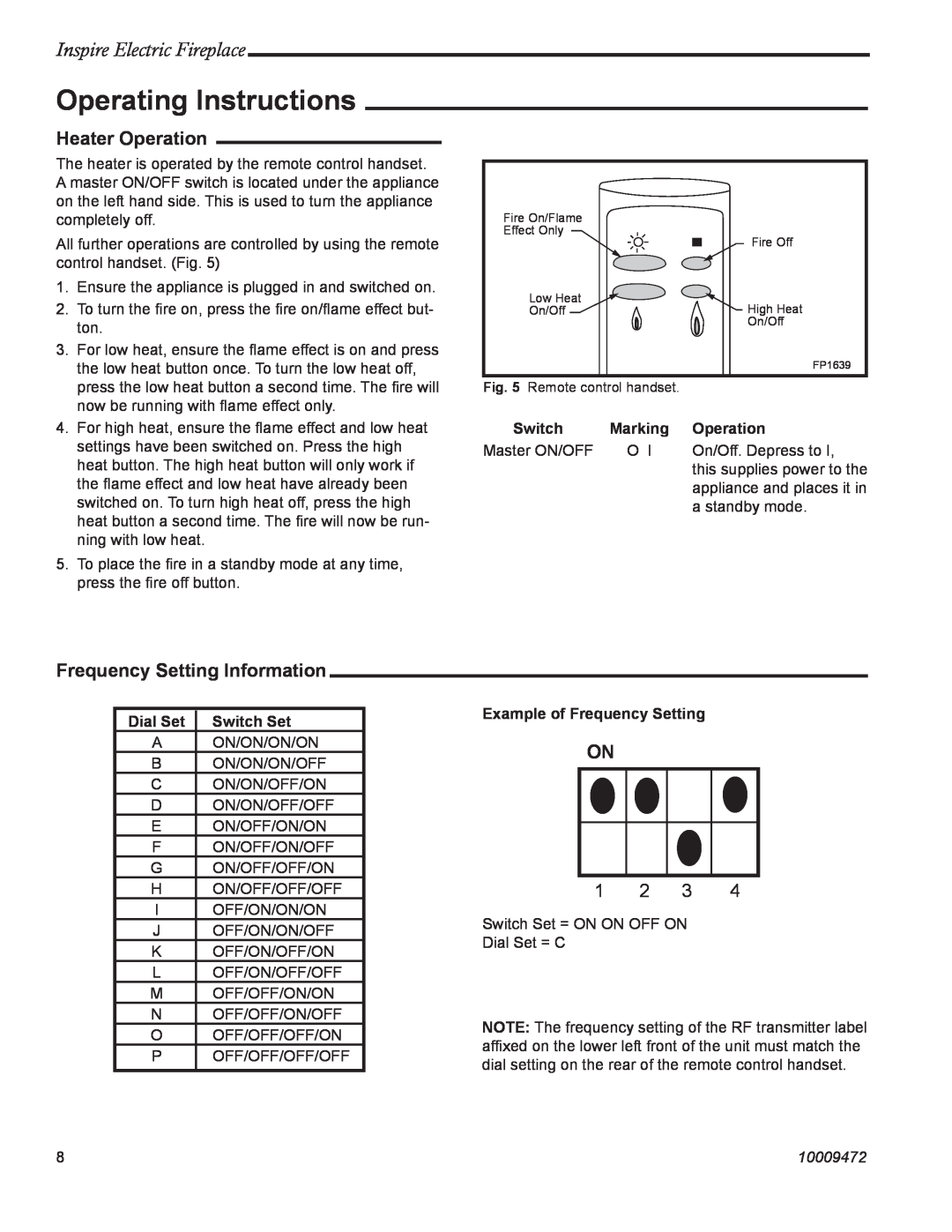 CFM Corporation ICVCEFP01 manual Operating Instructions, Inspire Electric Fireplace, Heater Operation, 10009472 