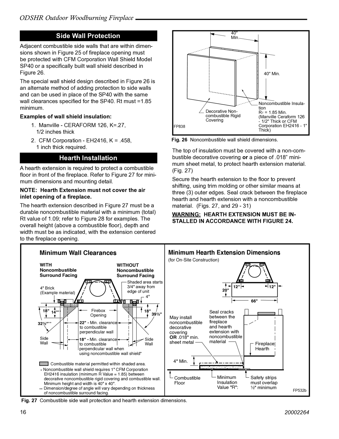 CFM Corporation ODSHR42 manual Side Wall Protection, Hearth Installation, Examples of wall shield insulation 