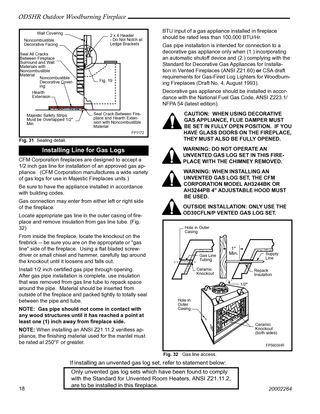 CFM Corporation ODSHR42 manual Installing Line for Gas Logs, Gas line access 