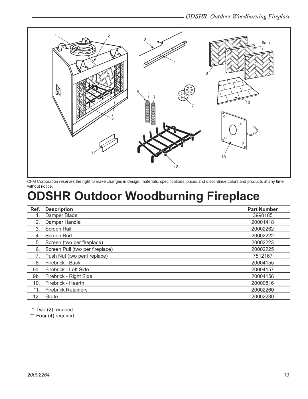 CFM Corporation ODSHR42 manual Odshr Outdoor Woodburning Fireplace, Description Part Number 