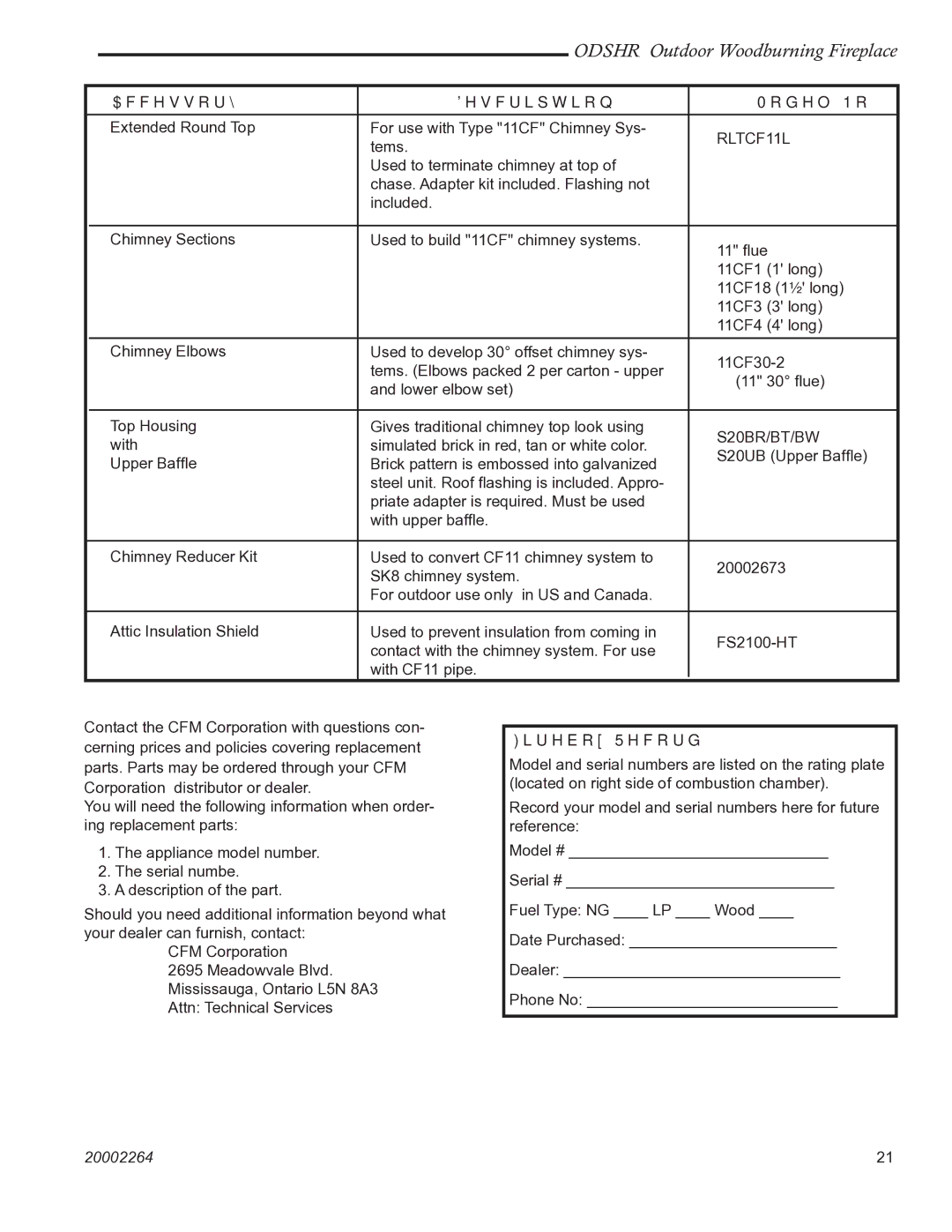 CFM Corporation ODSHR42 manual RLTCF11L, Firebox Record 