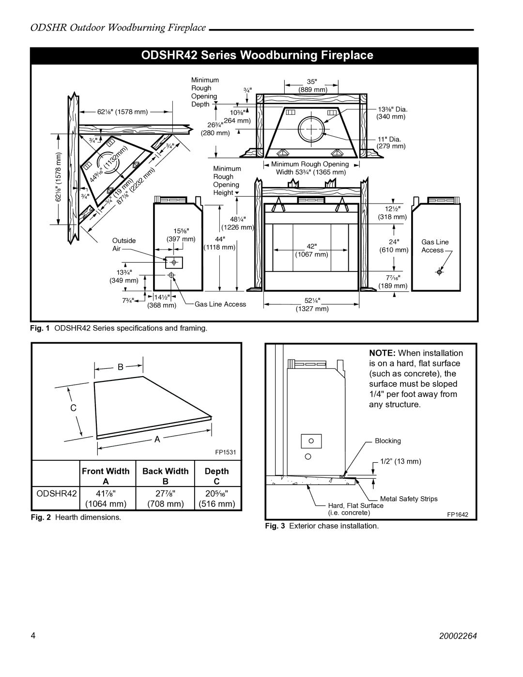 CFM Corporation manual ODSHR42 Series Woodburning Fireplace, Front Width Back Width Depth 