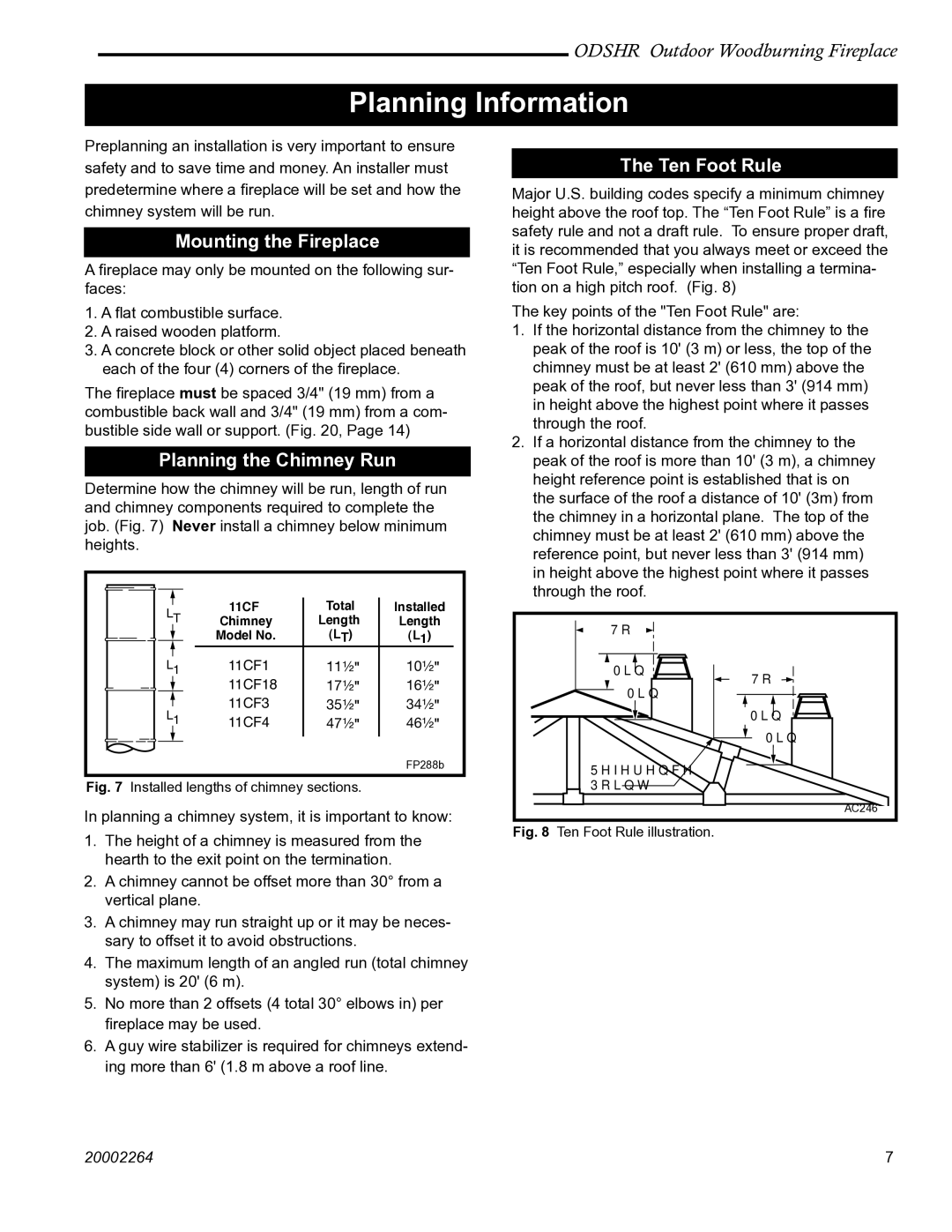 CFM Corporation ODSHR42 manual Planning Information, Mounting the Fireplace, Planning the Chimney Run, Ten Foot Rule 