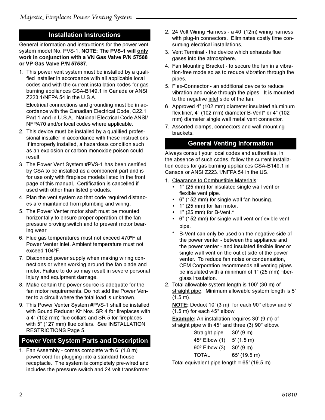 CFM Corporation PVS-1 Installation Instructions, Power Vent System Parts and Description, General Venting Information 