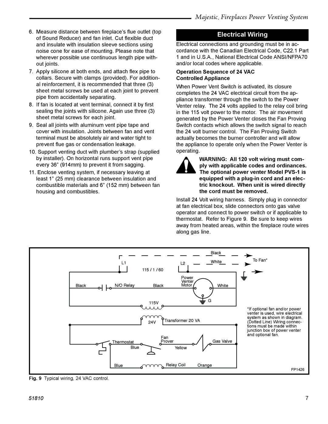 CFM Corporation PVS-1 manual Electrical Wiring, Operation Sequence of 24 VAC Controlled Appliance 