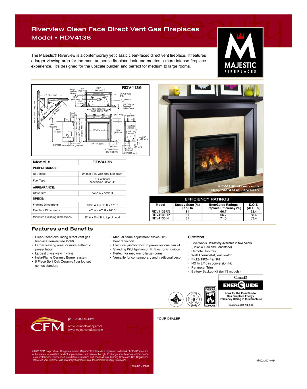 CFM Corporation Riverview Clean Face Direct Vent Gas Fireplaces, Model RDV4136, Features and Bene fits, Model #, Specs 