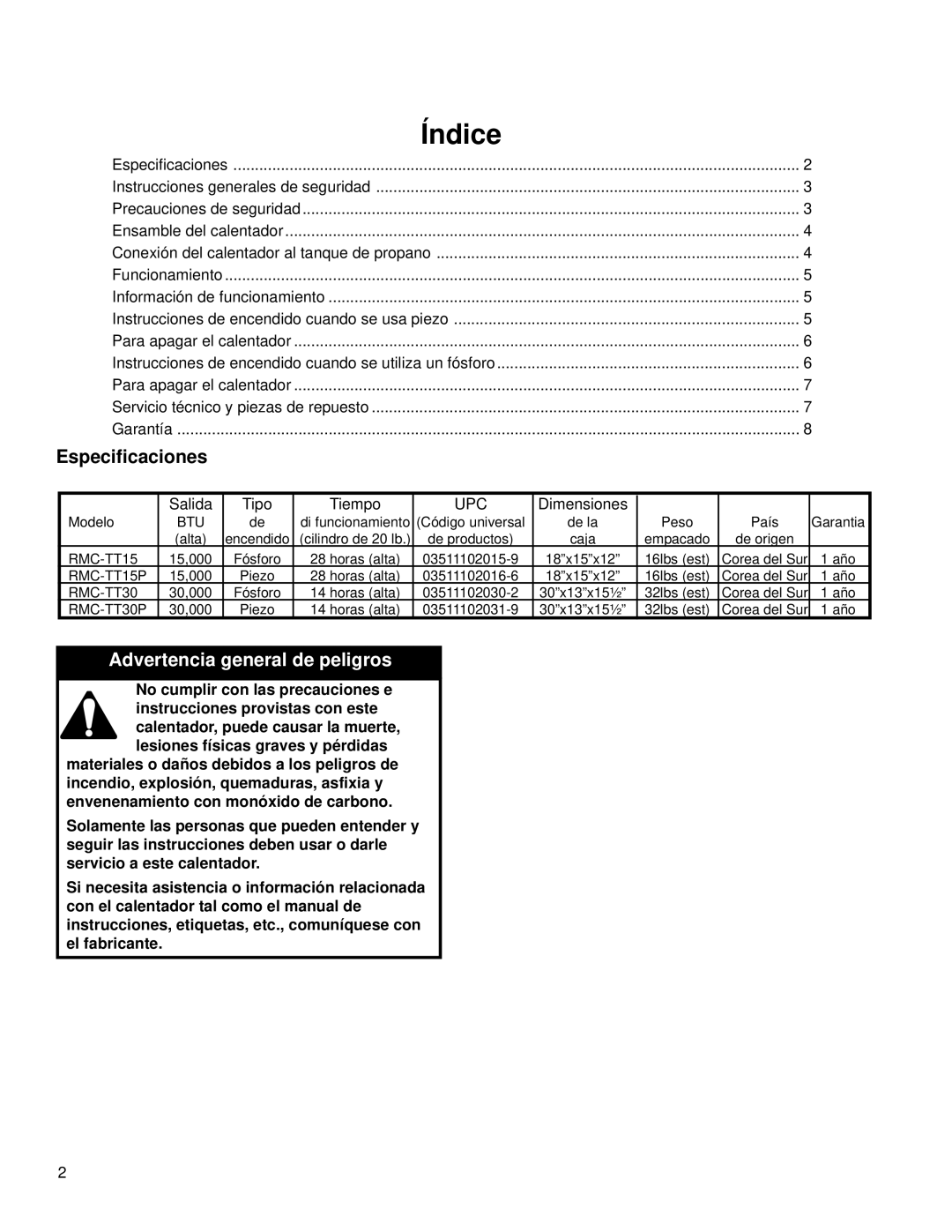 CFM Corporation RMC-TT15P, RMC-TT30P manual Índice, Especificaciones 