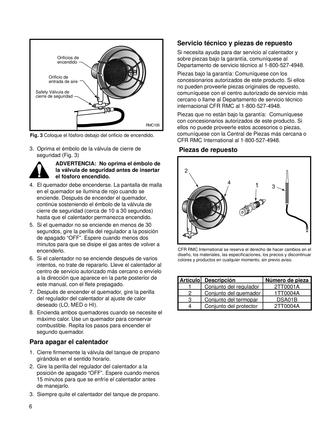 CFM Corporation RMC-TT30P, RMC-TT15P manual Servicio técnico y piezas de repuesto, Piezas de repuesto 