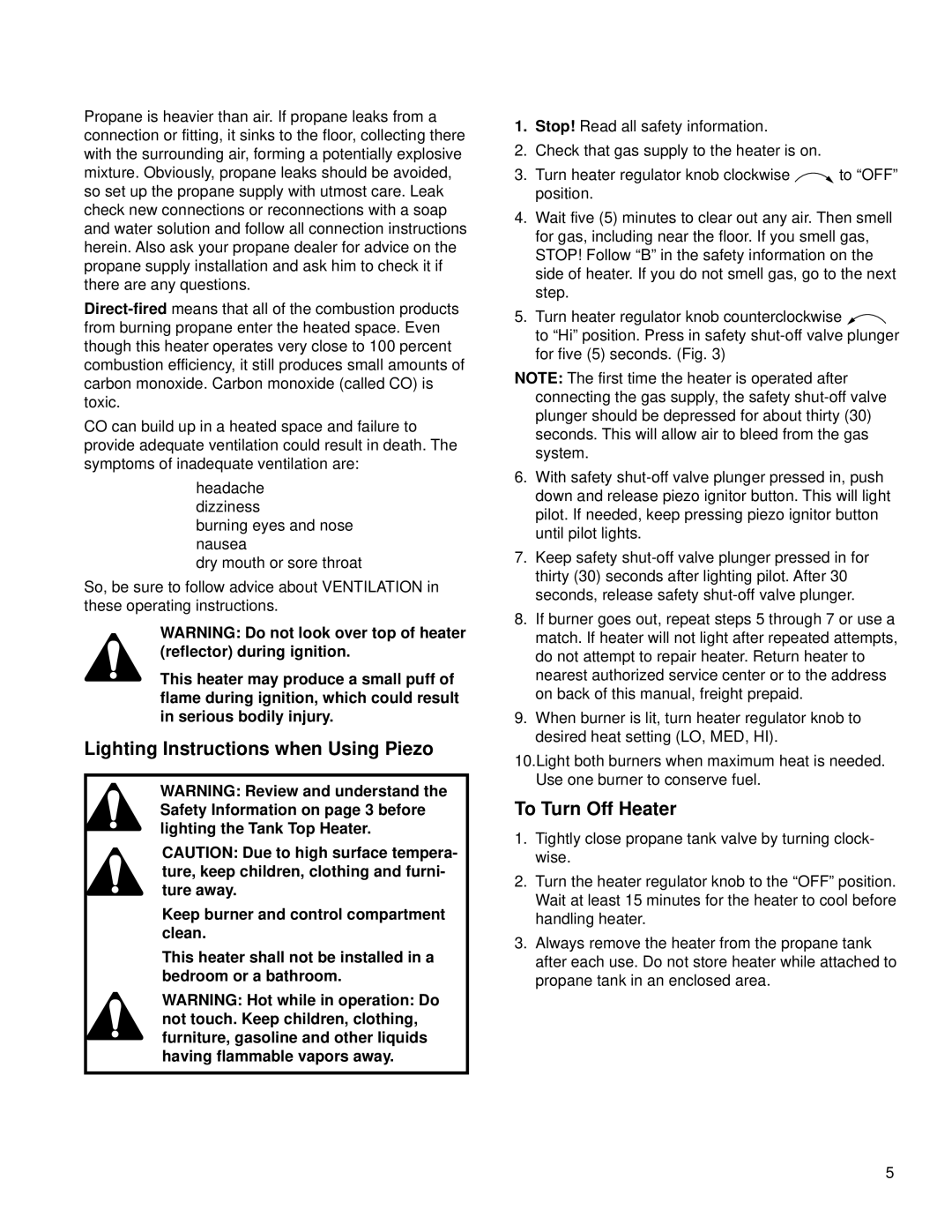 CFM Corporation RMC-TT15P, RMC-TT30P manual Lighting Instructions when Using Piezo, To Turn Off Heater 