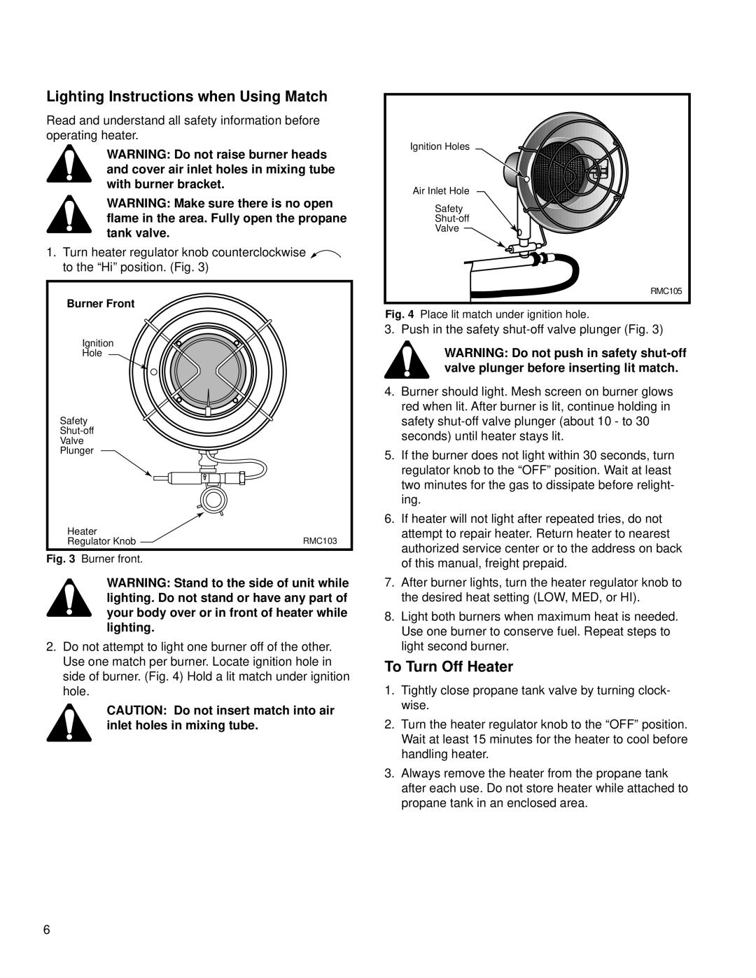 CFM Corporation RMC-TT15P, RMC-TT30P manual Lighting Instructions when Using Match, Burner front 