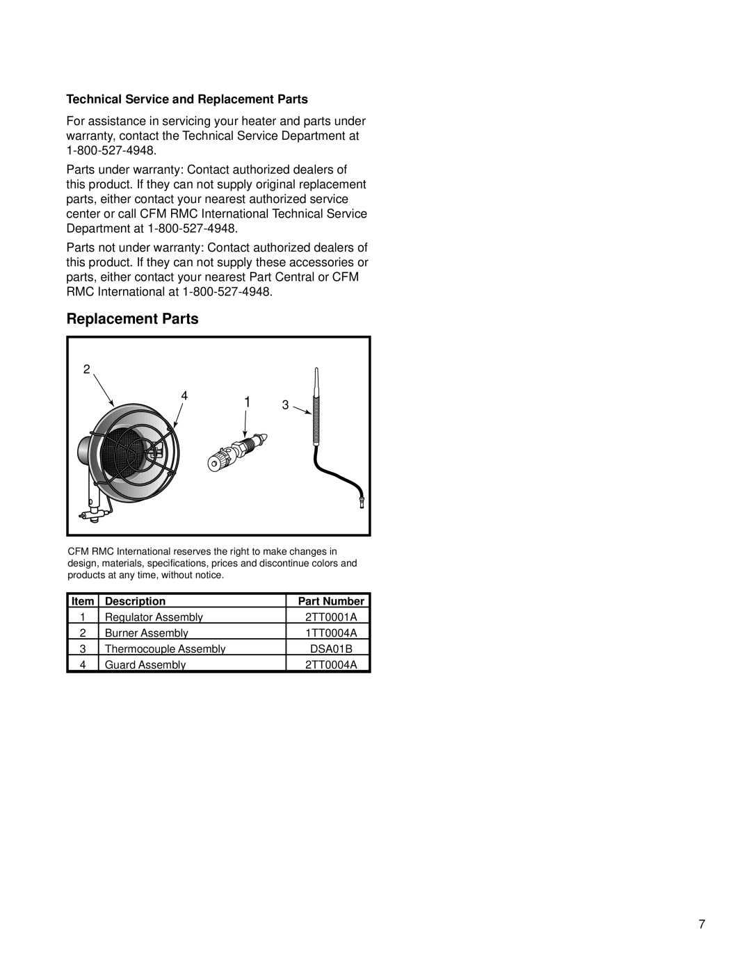 CFM Corporation RMC-TT30P, RMC-TT15P manual Technical Service and Replacement Parts 