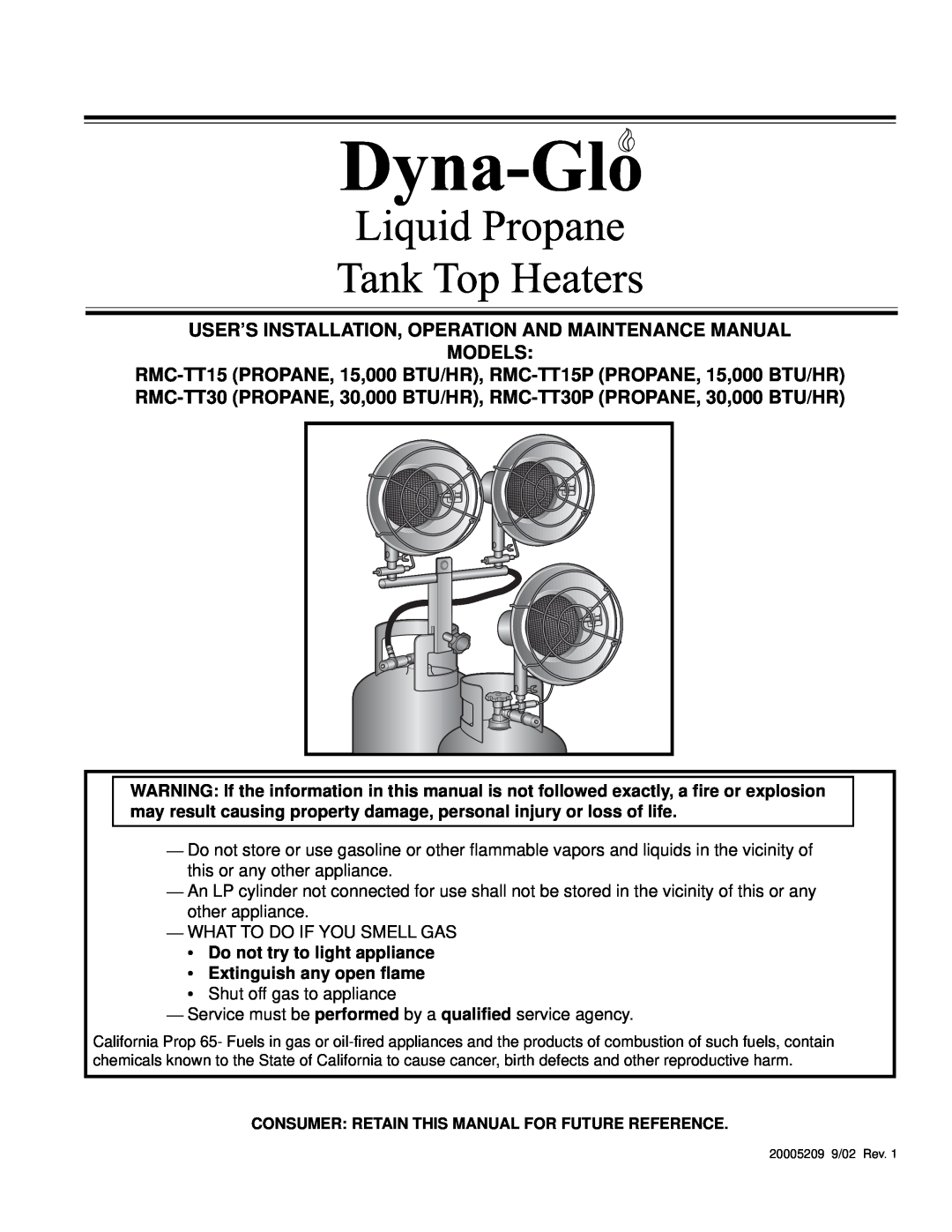 CFM Corporation RMC-TT15P, RMC-TT30P manual Dyna-Glo, Liquid Propane Tank Top Heaters 