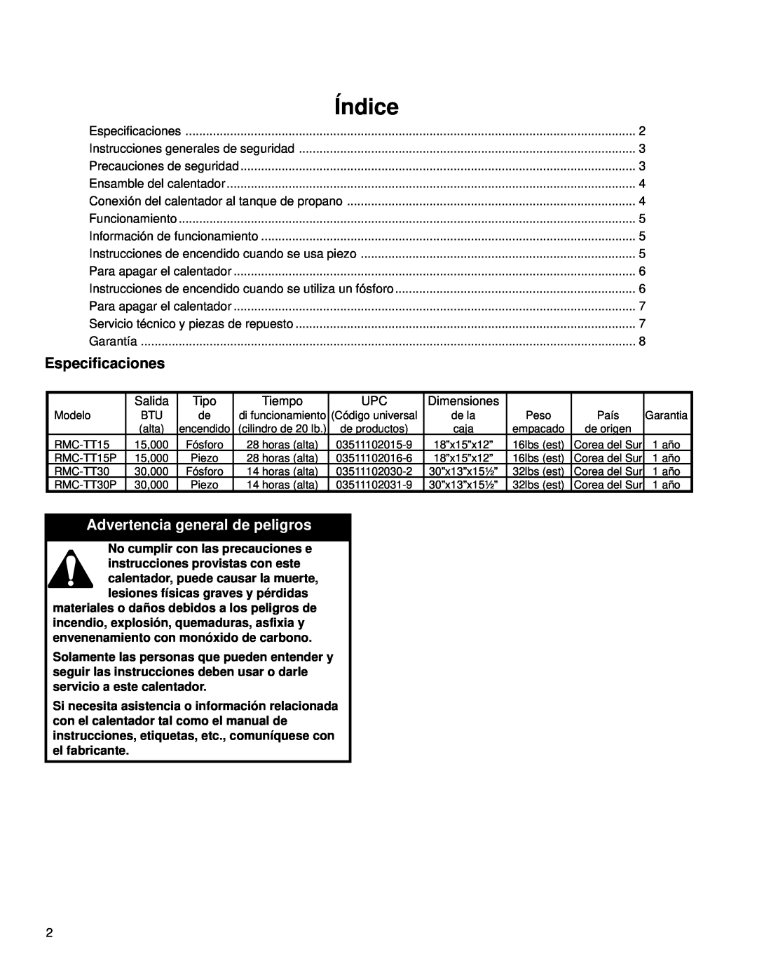 CFM Corporation RMC-TT15P, RMC-TT30P manual Índice, Advertencia general de peligros, Especificaciones 