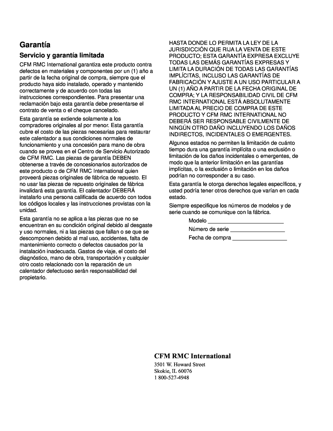 CFM Corporation RMC-TT15P, RMC-TT30P manual Garantía, CFM RMC International, Servicio y garantía limitada 