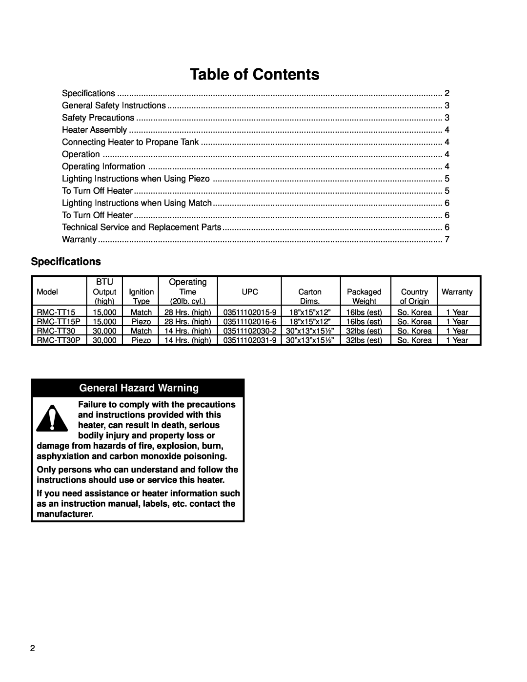 CFM Corporation RMC-TT15P, RMC-TT30P manual Table of Contents, General Hazard Warning, Specifications 