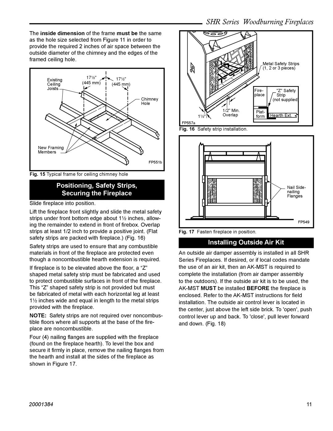 CFM Corporation SHR36, SHR52, SHR42A, SHR48 Positioning, Safety Strips Securing the Fireplace, Installing Outside Air Kit 