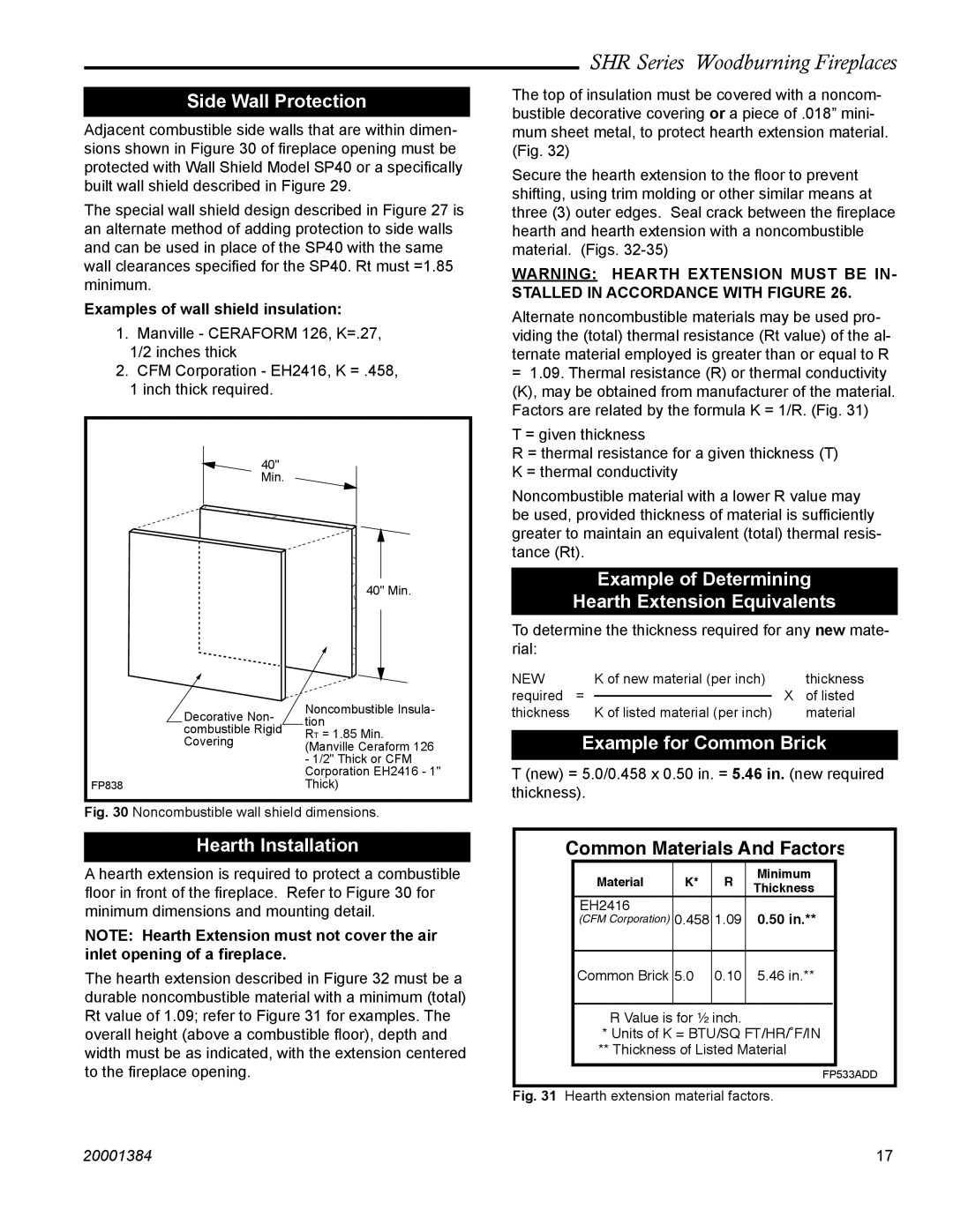 CFM Corporation SHR42A Side Wall Protection, Example of Determining Hearth Extension Equivalents, Example for Common Brick 