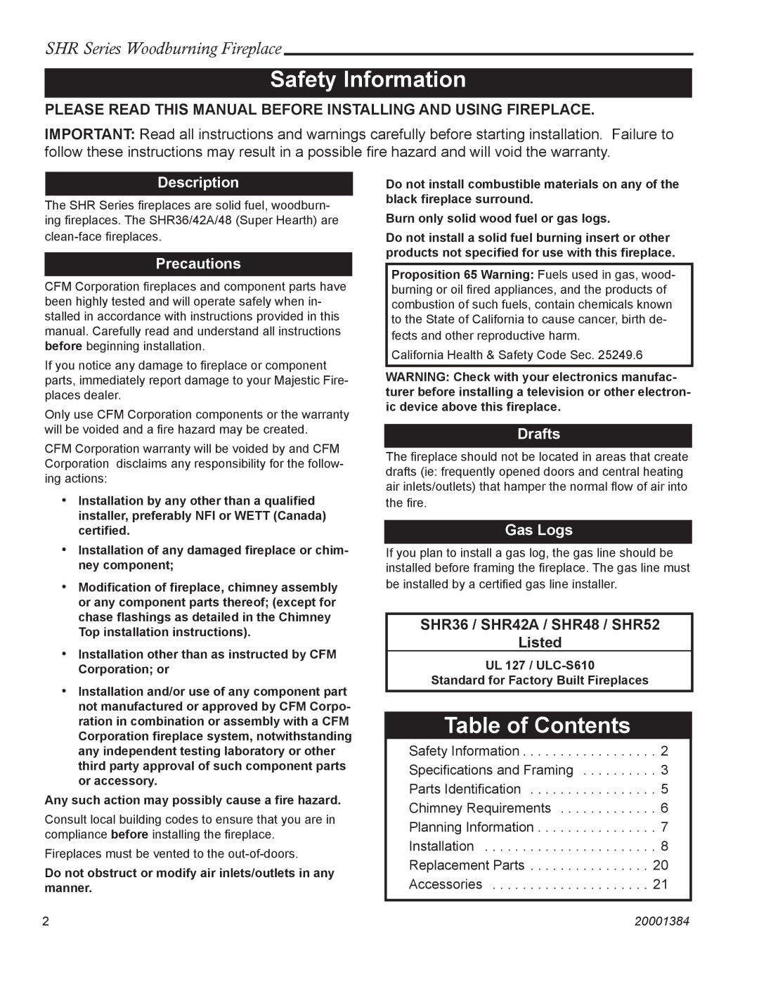 CFM Corporation SHR48, SHR52, SHR42A, SHR36 manual Safety Information, Table of Contents 