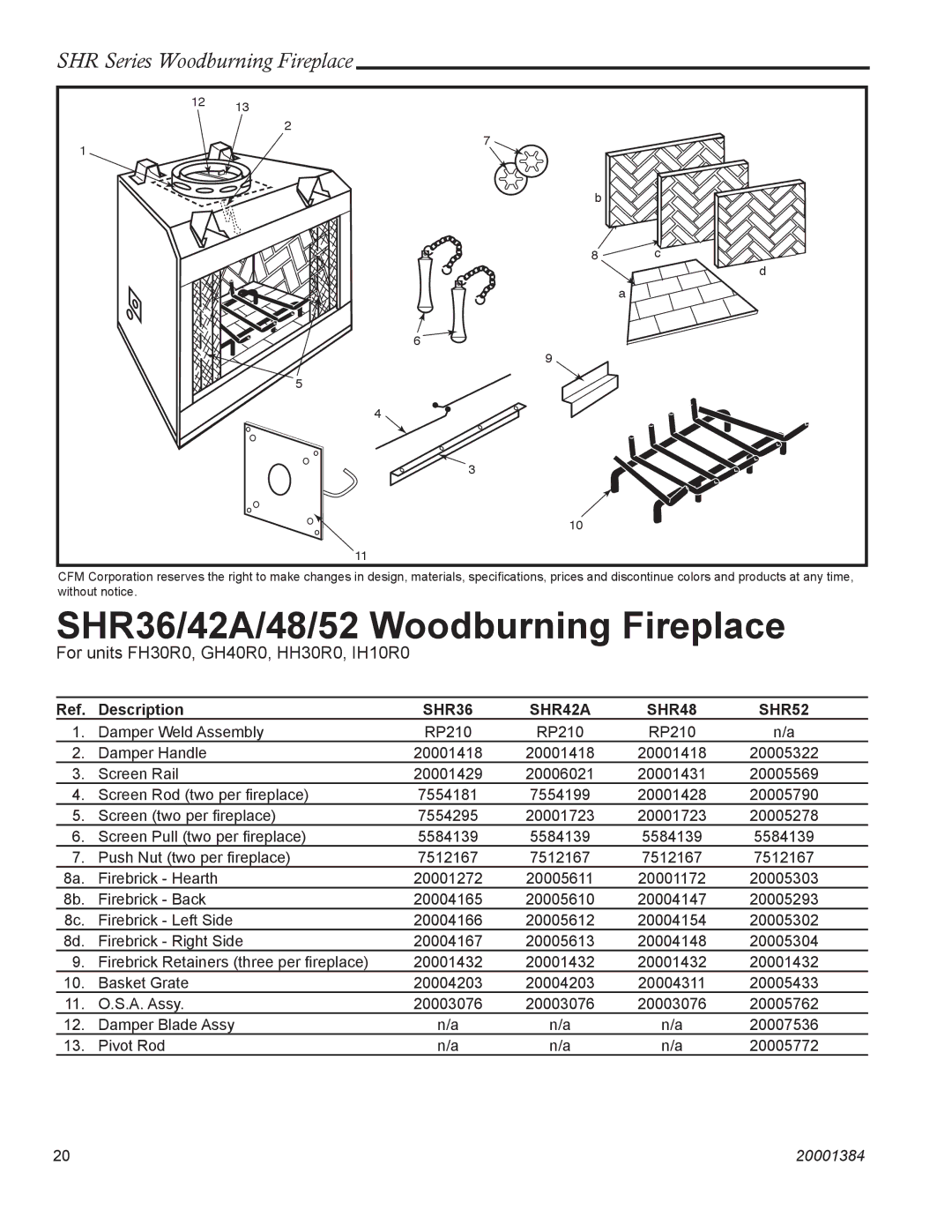 CFM Corporation SHR52, SHR42A, SHR48 manual SHR36/42A/48/52 Woodburning Fireplace 