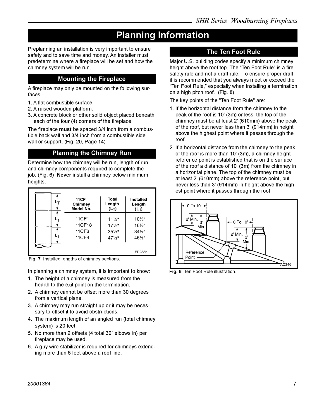 CFM Corporation SHR36, SHR52, SHR42A Planning Information, Mounting the Fireplace, Planning the Chimney Run, Ten Foot Rule 