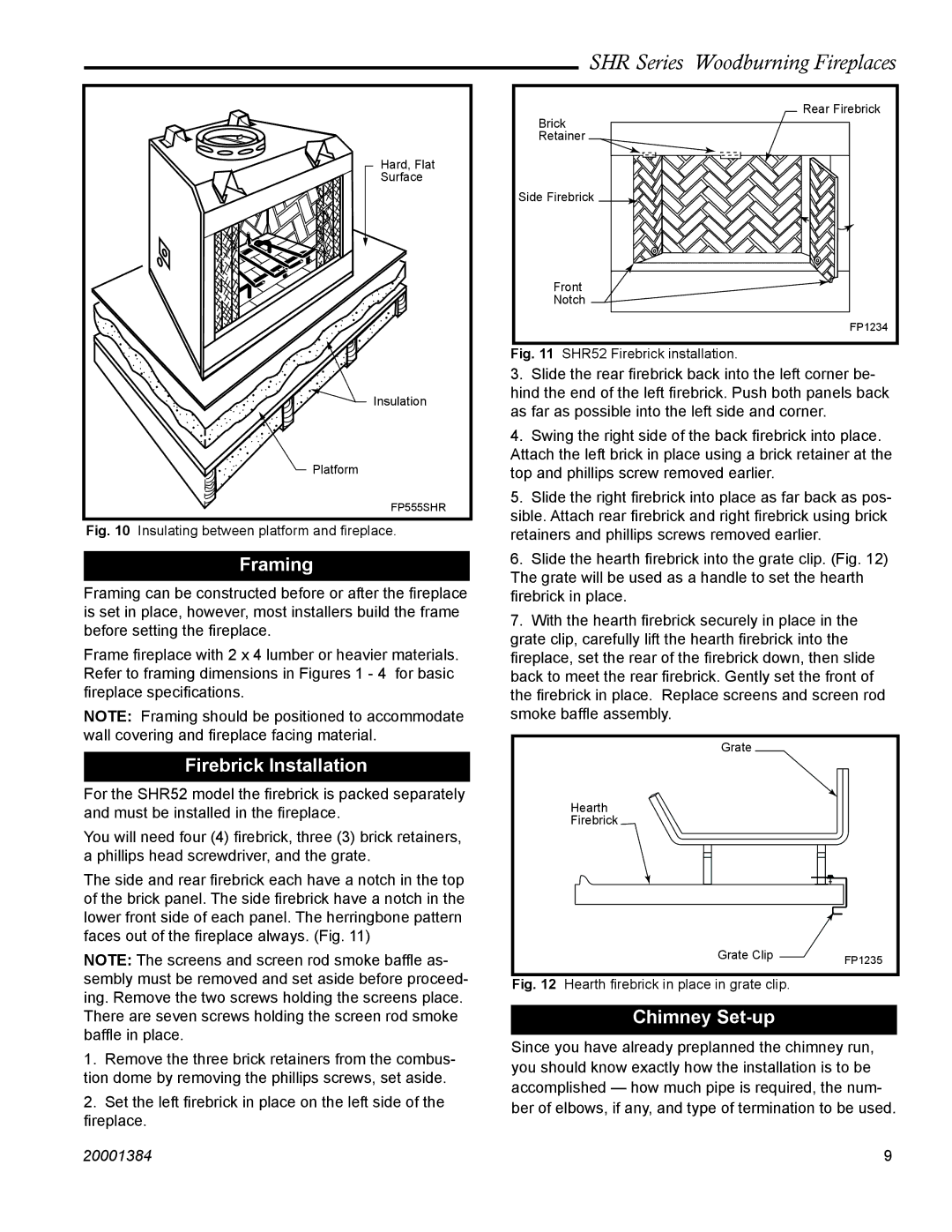 CFM Corporation SHR42A, SHR52, SHR48, SHR36 manual Framing, Firebrick Installation, Chimney Set-up 