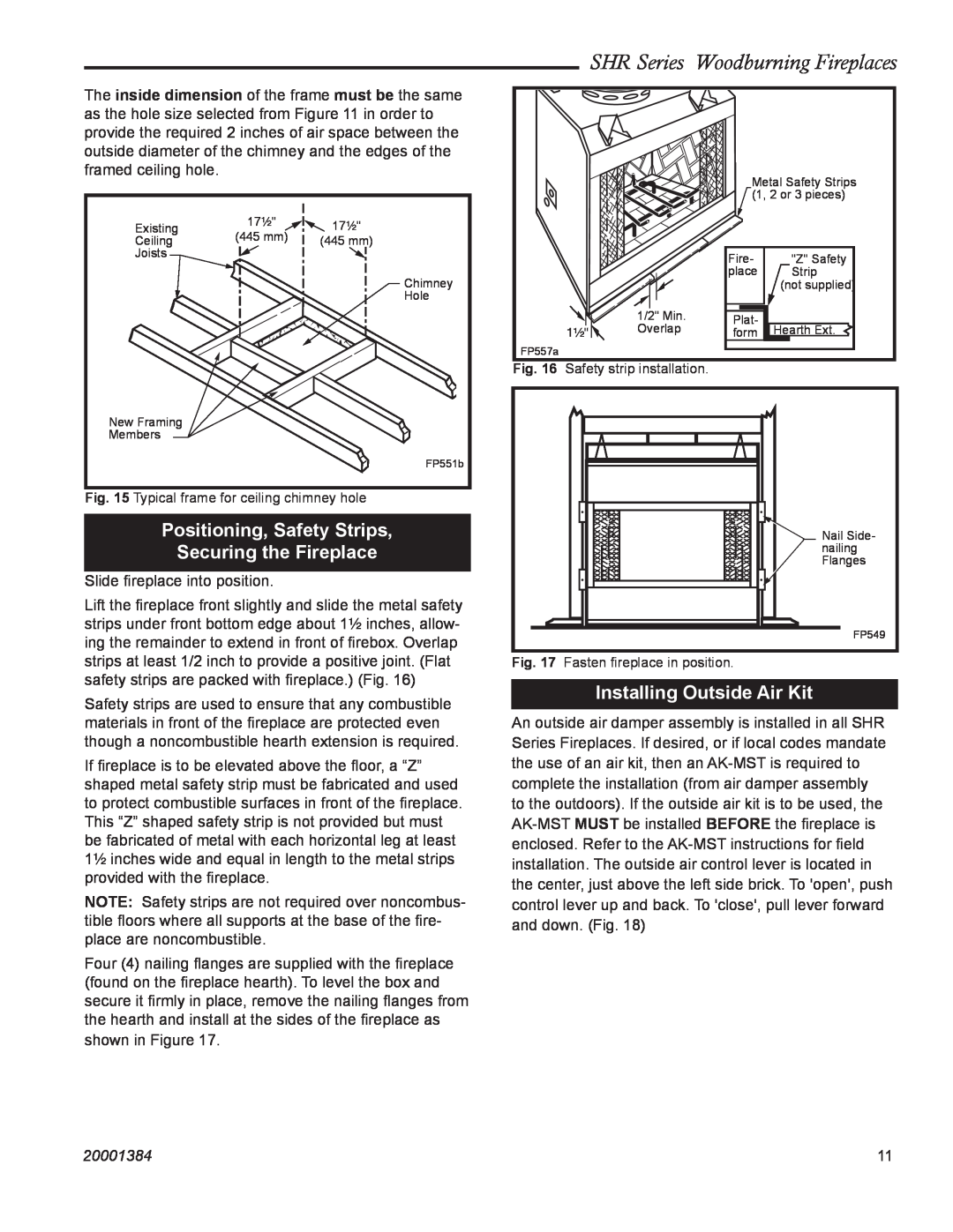 CFM Corporation SHR36, SHR52, SHR48 Positioning, Safety Strips Securing the Fireplace, Installing Outside Air Kit, 20001384 