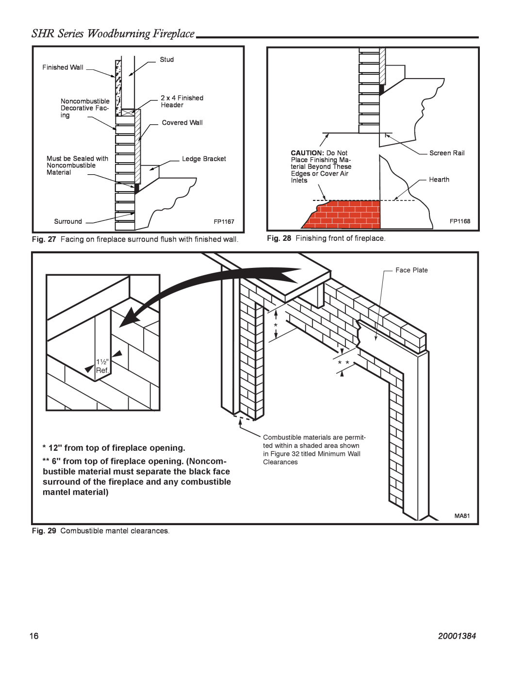 CFM Corporation SHR52 manual from top of ﬁreplace opening, SHR Series Woodburning Fireplace, 20001384, FP1167, FP1168, MA81 