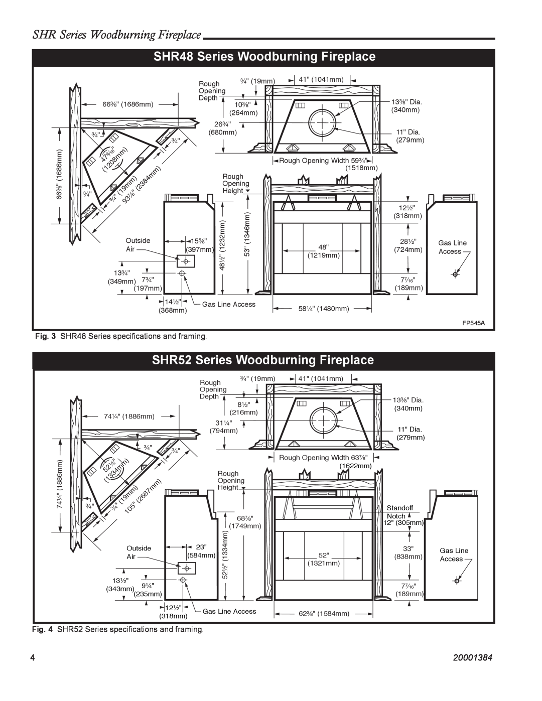 CFM Corporation SHR42A, SHR36 manual SHR48 Series Woodburning Fireplace, SHR52 Series Woodburning Fireplace, 20001384 