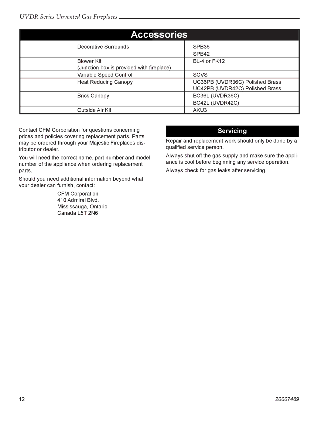 CFM Corporation UVDR42C, UVDR36C installation instructions Accessories, Servicing 